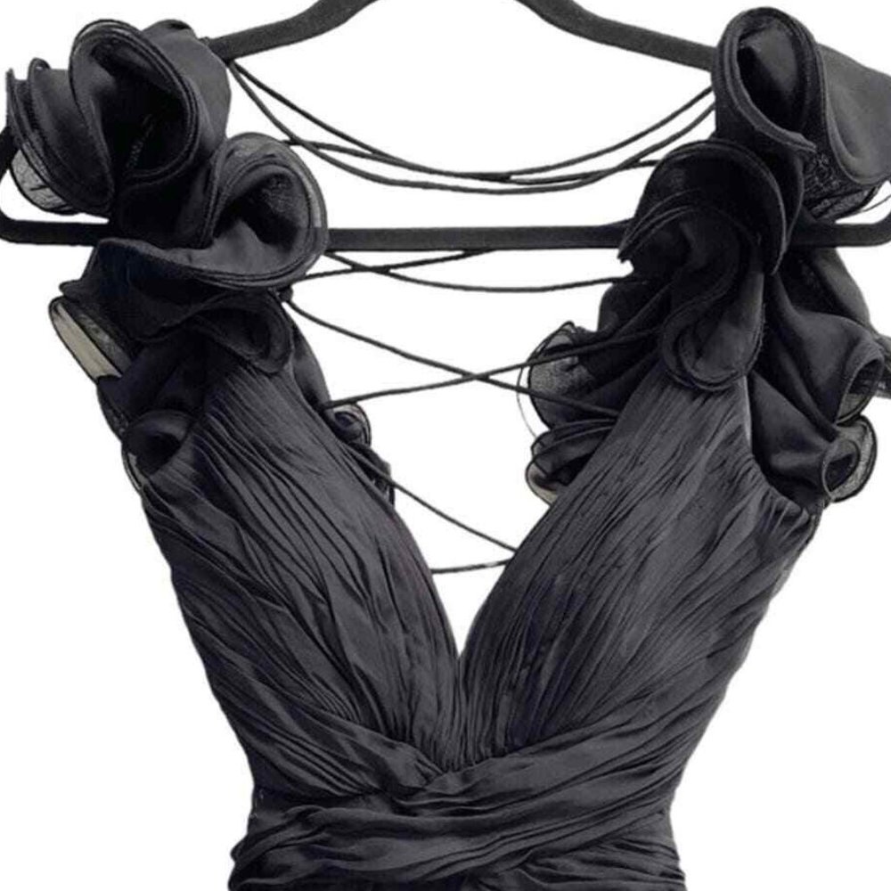 NEW Mac Duggal 67911 Ruffle Tiered Cut-Out Chiffon Gown Black SZ 10 - Picture 4 of 7